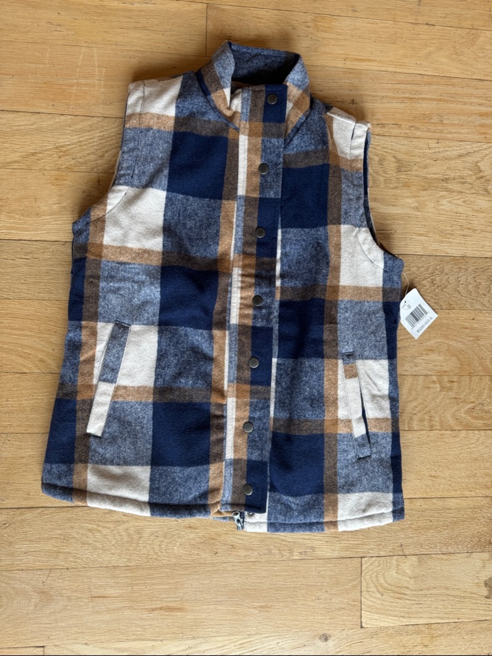 REI Blue Navy, Cream & Brown Plaid Fleece Vest